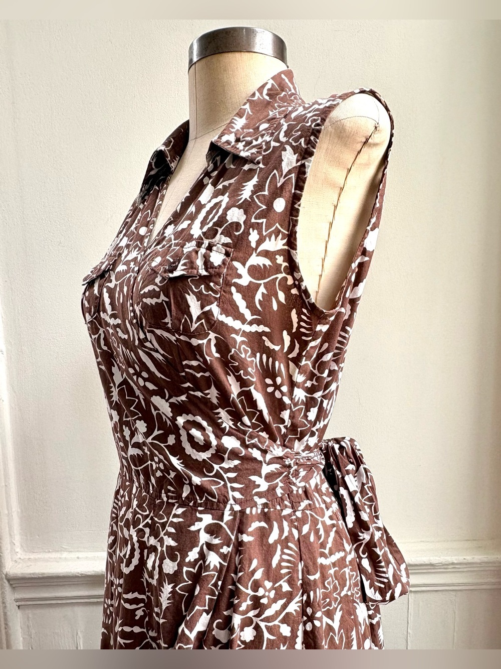 100% Cotton Floral Sleeveless Brown & White Full Skirt Wrap Sun Dress Y2K - Picture 3 of 4